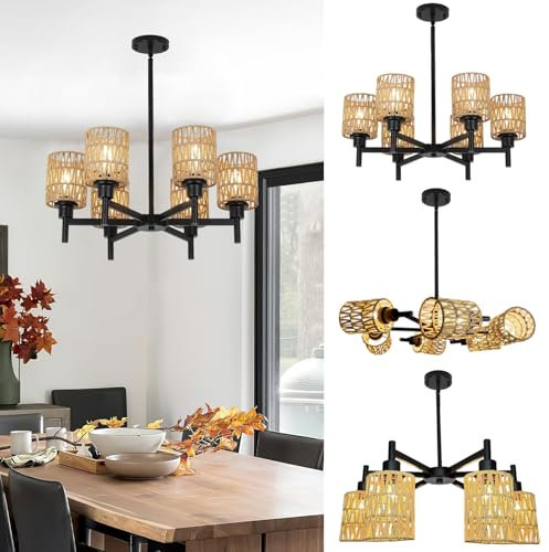 Hängelampe Rattan Boho, 6-Flammige Pendelleuchte Esstisch Schwarz Ø 63cm Rustikale Kronleuchter Vintage Höhenverstellbar Landhaus Retro E27 Groß Hängeleuchte Wohnzimmer für Esszimmer Schlafzimmer