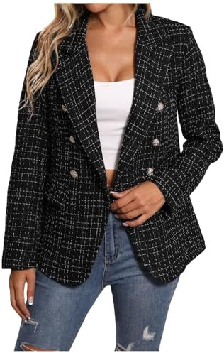 Boucle Blazer Women's Tweed Blazer Jacket Long Sleeve Large Round Neck Business Casual Coat Chic and Comfortable for Any Occasion Suits Women's Jacket Suit, black, XXL