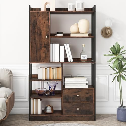 A ALFRESCOOL Bücherregal, 6 Regal Bücherregal mit mit Türen und Schubladen Boden bis zur Decke Bücherregal, industrielle Bücherregal, Stahlregal, antik braun