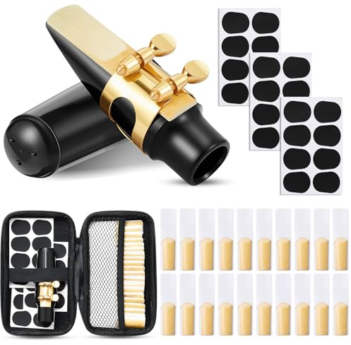 Treela 49 Pcs Alto Saxophone Replacement Kit Includes 1 Gold Sax Ligature 1 Mouthpiece 1 Plastic Cap 21 Sax 2.5 Reeds 24 Mouthpiece Pads 1 EVA Storage Case for Alto Saxophone Parts and Accessories