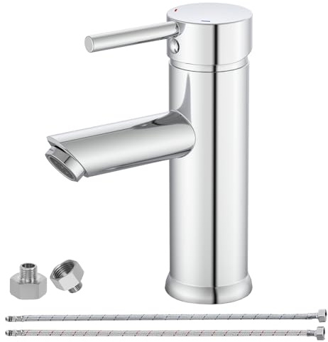 BATHLAVISH Wasserhahn Bad Chrom, Messing-Waschbecken Armaturen, Einhebelmischer Waschbecken für Bad, Gäste-WC, Mischbatterie Waschbecken mit Schläuche 90 mm Auslaufhöhe
