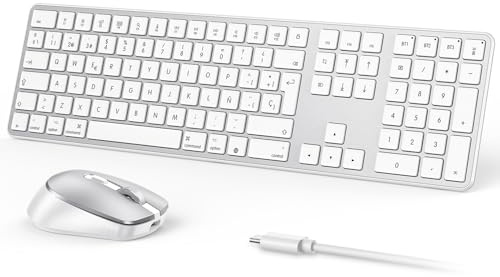 OMOTON Tastiera e mouse wireless Bluetooth QWERTY Spagnolo per Mac, argento | Ricaricabili, dimensioni standard, 3 canali multi-dispositivo, scrittura silenziosa, compatibili con MacBook Air/Pro/Neo/iMac