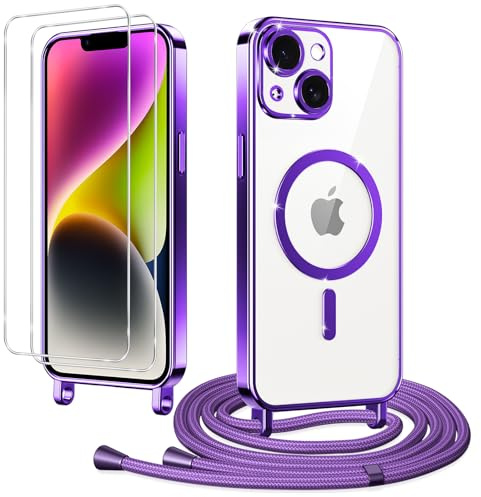 Coiwxmoi Coque Magnétique pour iPhone 14 avec Cordon + 2 Pièces Verre Trempé, Étui Transparente Mince Silicone TPU Bumper Housse avec Réglable Collier Antichoc Anti-Rayures Protection Case, Violet
