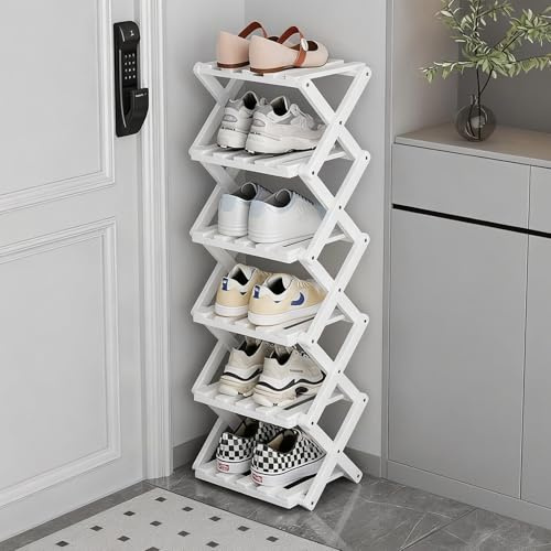 GIRYES Kleines Schuhregal, weiß, 6 Etagen, Bambus, faltbar, Schuh-Organizer, freistehendes Regal für Eingangsbereich, Schlafzimmer, Schrank, Wohnzimmerecke, keine Installation erforderlich