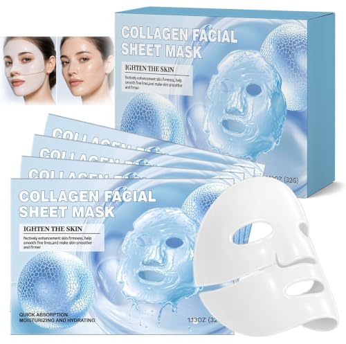 5 Pezzi Collagen Face Mask,Maschera Viso Idratante e Lenitiva Per cura della pelle,Maschera Idratante Viso per Uomini e donne,Per La maggior parte dei tipi di pelle