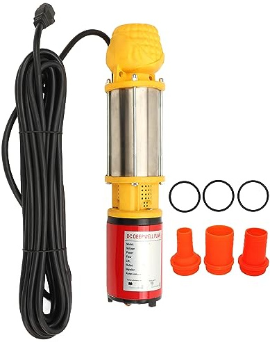 Adfaga Bomba sumergible solar de 400 W CC para pozos profundos, elevación de 18 m, caudal de 6 m³/h, de acero inoxidable, con conexiones de salida de 1, 1,5 y 2, CC 48 V para ri