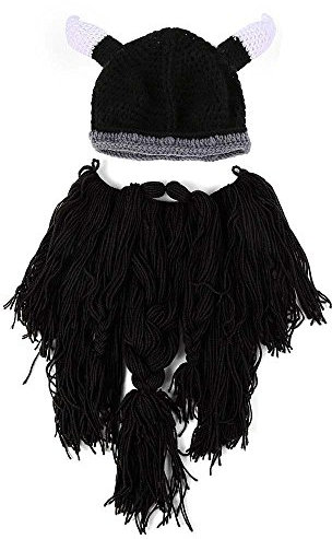 Metyou Erwachsene Winter Warme Maske Hut Wikinger Bart Beanie Horn Hut Gestrickte Wolle Lustige Schädel Kappe (Schwarz)