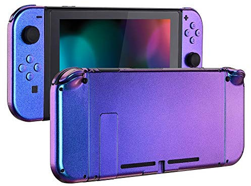 eXtremeRate Glossy Back Plate for Nintendo Switch Console, NS Joy con Handheld Controller Housing with Full Set Buttons, DIY Replacement Shell for Nintendo Switch - Chameleon Purple Blue