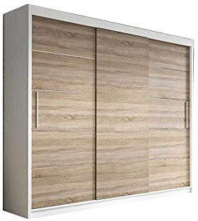mb-moebel Kleiderschrank Schwebetürenschrank, Kleiderstange und Einlegeboden für Schlafzimmer Wohnzimmer Schiebetüren Schrank Modern Design 250 cm ELBA II (Weiß+ Sonoma)