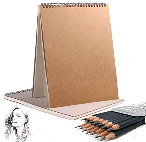 Uhat A3 A4 A5 Skizzenbuch Querformat Spiralbindung Notizbuch 60 Seiten 30 Blätter 160 g/m² Hardcover Kartuschen Papier Künstler Skizzenblock mit 14 Zeichenstiften 6H bis 12B A5