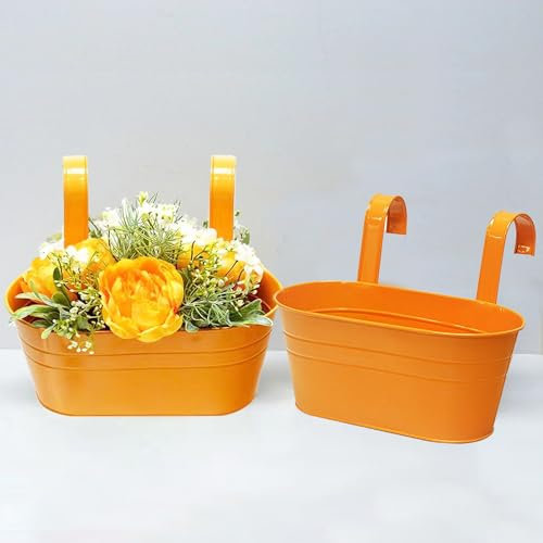 2 Pcs Metal Hanging Flower Plant Pots, Metal Bucket Flower Pots, Fence Bucket, Hanging Flower Pot for Indoor and Outdoor, Storage Bucket in Kitchen or Bathroom, Detachable Hook(Orange)