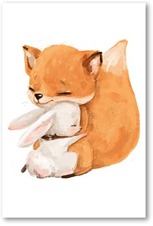 Postereck - 4066 - Süßee Hase mit Fuchs Poster Kinderzimmer | Hase kuschelt mit Fuchs | Kinderzimmer Deko für Jungen und Mädchen | Hasen Kinderbild Wandposter - Poster - 3:2-61,0 cm x 40,5 cm