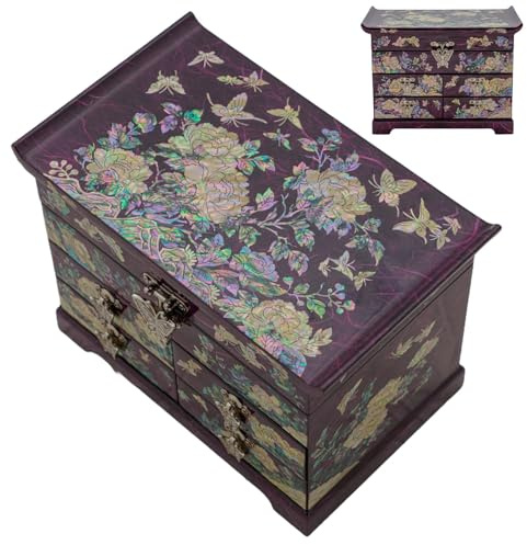 February Mountain Mother of Pearl Wooden Jewelry Organizer Box – Jewelry Storage Box for Women, Features Spacious Drawers, Ideal for Rings, Bracelets, Watches, Chains, Accessories (Peony_Purple)