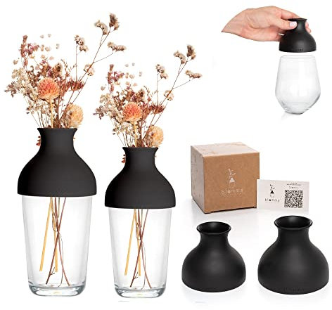 Blomma Abnehmbarer Glasvasenaufsatz. Verwandeln Sie jedes Glas in eine Knospenvase für modernes Home Décor. Tisch Blumenschmuck. 2 Einheiten & Größen (Schwarz)