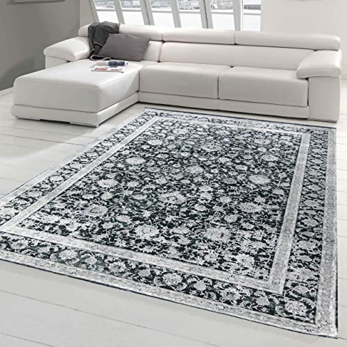 Teppich-Traum Moderner Teppich Wohnzimmer orientalisches Blumendesign in Grau auf schwarzem Hintergrund, 160x230 cm