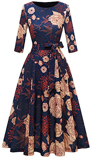 Dresstells Women's Rockabilly Dress, Round Neck, 3/4-Length Sleeves, Festive Dress, Retro, Vintage, Swing, A-Line, Midi-Length Cocktail Dress, Navy yellow flower, S