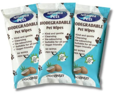 Nilaqua Pets Biodegradable Cleansing Pet Wipes in Coconut x 3 Packs | Deodourising, Alcohol Free and Vegan Friendly | for ALL Kinds of Pets Dogs Cats | 50 Dog Wipes each pack | 150 Wipes Total