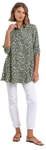Roman Shirt for Women Ladies Cotton Blouse Button Through Tunic Printed Top Work Long Sleeve Smart Casual Going Out Work Office V Neck Everyday Evening Event - Khaki Ivory - Size 10