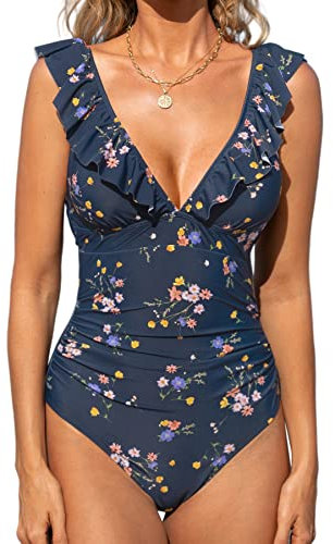 CUPSHE Damen Badeanzug Rüschen V Ausschnitt Bauchweg Raffungen Blumenmuster Einteilige Bademode Swimsuit Denim Blue Floral L