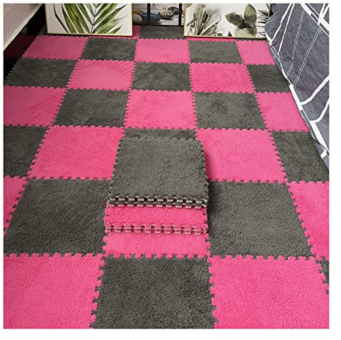 16 Stück Ineinandergreifende Plüsch-Schaumstoff-Fußmatten, Warmer Teppich, Ineinandergreifende Bodenfliesen, 30 X 30 cm Große Puzzle-Spielmatten Für Schlafzimmer, Spielzimmer(Color:Grey+Rosenrot)