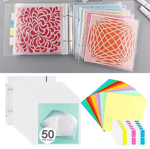 Briartw Cookie Stencil Storage Binder - 6x6inch Stencils, Die Cuts, Scrapbooking, Clear Stamp Storage Folder Organizer - Includes 1 Cover, 50 Sleeve, 50 Backing Paper and 10 Sheets Divider Tabs