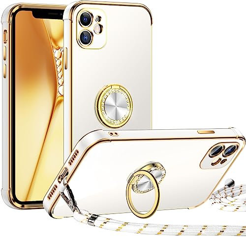 Miss Arts für iPhone 12 Mini Hülle mit Band, Ring Ständer Handykette Handyhülle Frauen Mädchen Dünn Stoßfeste Schutzhülle für iPhone 12 Mini Case Weiß