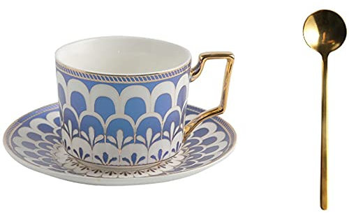 Kaffeetasse aus Porzellan mit goldenem Rand, Untertassen und Metalllöffel for Kaffeespezialitäten, 200 ml, Teetassen-Set, britische Kaffeetassen, Porzellan-Teeservice, Latte-Tassen, Espressotasse (Far