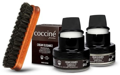 Coccine - Schuhputzsets, 2 Schuhcremes (Schwarz und Farblos), 1 Schuhbürste, Schuhpflegeset für Narbenleder, Gleicht die Farbe aus, Schützt vor Feuchtigkeit
