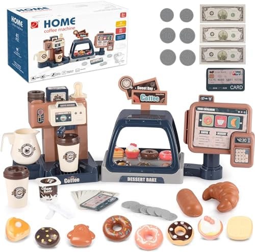 GAGAKU Kids Coffee Machine Toy and Cash Register Kit with Sound Light, Pretend Play Sets Role Play Toys Shops