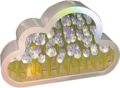 Youning Tulpen Lampe Wolke Tulpenspiegel Nachtlicht LED Tulpen Wolkenlampe 2 in 1 Wolken Tulpen Nachtlicht mit Spiegel für Schlafzimmer,Wohnzimmer,Desktop,Heimdekoration (Violett)