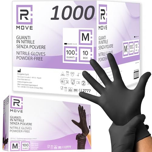 R MOVE 1000 gants nitrile noir M, gant jetable sans poussière, sans latex, gant noir hypoallergéniques, 10 boîtes de 100 gants jetables, gant alimentaire cuisine jetable