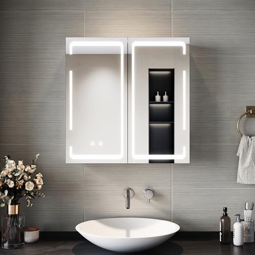 SIRHONA Armoire Miroir Salle de Bain avec Miroir, Armoire Pharmacie Miroir avec 3 Couleurs de Lumière Réglables et Anti-Buée, Armoire Toilette Miroir avec Charnière Aans Fil, 59 x 60 x 14cm