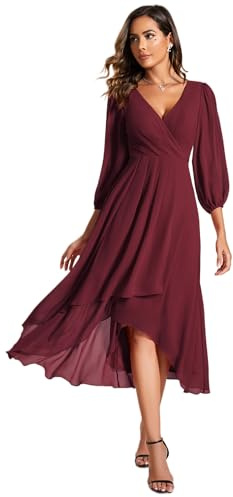 Ever-Pretty Robes d'invité de Mariage Col en V Manches Longues Mousseline Midi Ourlet asymétrique EG01926