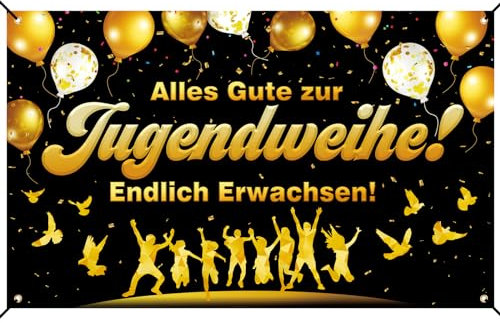 COLOFALLA 180x110cm Jugendweihe Deko Alles Gute zur Jugendweihe Banner Endlich Erwachsen Dekoration Hängendeko Junge Mädchen Banner Gold Schwarz mit Schnur