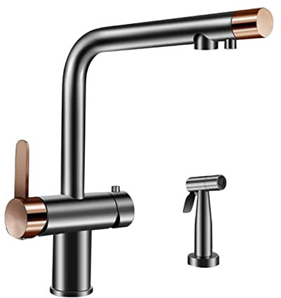 Cocina con Grifo de Tres Vías, Grifo de Cocina con Agua de Latón Fría Y Caliente, Fregadero de Gas Multifuncional con Grifo de Tres Vías + Oro Rosa, GeRRiT, Gris + oro rosa