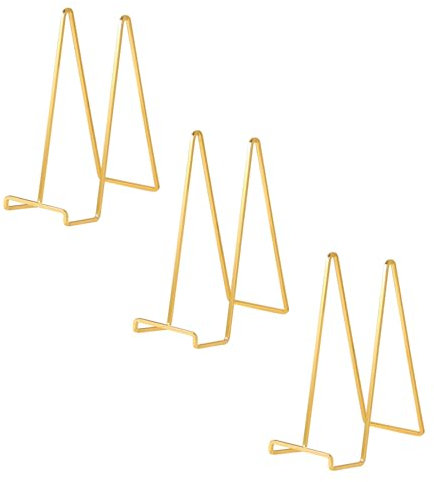 Large Plate Holder Display Stand - 12 inch Super Tall Big Plate Stands for Heavy Duty Display - Metal Picture Frame Stand - Tabletop Easel Stand for Decorative Platter | Plaque | Book - 3 Pack - Gold