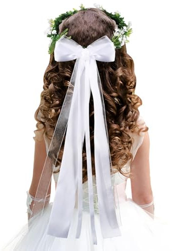BOFUNX Haarband Kommunion Mädchen Erstkommunion Haarkranz Blumenkranz mit Blüten Schleife Bänder Blumenkrone für Kommunion Blumenmädchen Hochzeit Festival Kopfschmuck