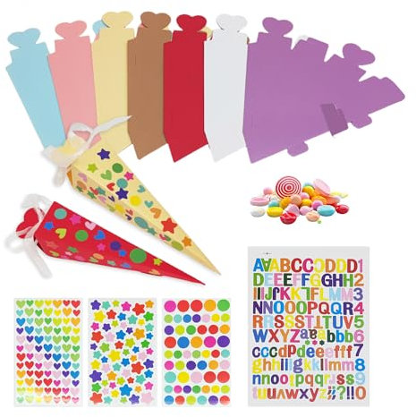 Bieiyhe 7 Schultüte Geschwister Mit 32 Aufklebern,Zuckertüte für Geschwister,SchultüTe Klein Mädchen,Schultüte Azubi,School Cone,Zuckertüten Zum Befüllen,Schultüte Geschenkverpackung für Erwachsene