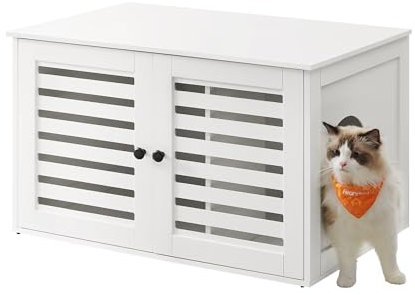 Feandrea Katzenklo-Schrank, Katzenhaus mit herausnehmbarer Trennwand, 2 Lamellentüren, Katzentoilette, Beistelltisch, 80 x 53 x 49 cm, wolkenweiß PCL003W01