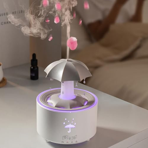 Fiorky Umbrella Humidifier, Rotating Umbrella Diffuser with Water Droplets, 7-Color LED Aromatherapy Diffuser with Remote, Timer Settings, Auto Shut-Off