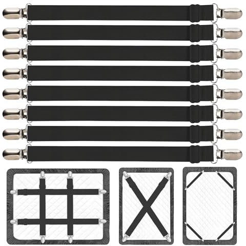 8 Stück Bettlakenspanner Verstellbar, 67–250 cm Elastische Betttuchspanner mit Metallclips Spannbettlaken Halter Lakenspanner Weiß Bettlaken Spanngurte für Bettlaken Sofa Matratze Bügelbrett (Schwarz)