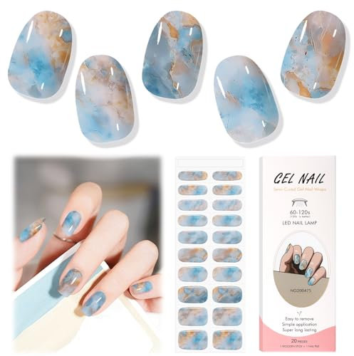 EBANKU Semi Cured Gel Nail Strips, 20PCS Gel Nail Stickers Long Lasting - Easy to Apply & Remove for Salon-Quality Pedicure - Marble Grey