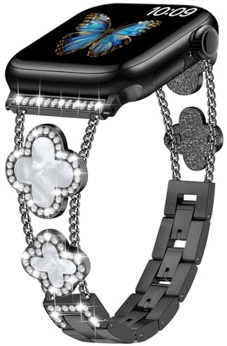 Sixmoat Kompatibel mit Apple Watch Armband für Damen 42/44/45/46/49mm | Bling Armband Designer Dressy Glückskleeblatt für iWatch Serie Ultra SE 12 11 10 9 8 7 6 5 4 3 (Schwarz)