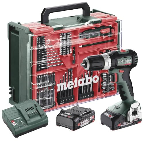 MetaboSB 18 L BL (613157710) Cordless Combi Drill Set with 2 LiPOWER 2.0Ah Batteries, SC 36 Charger and 78 Piece Mobile Workshop Accessory Set