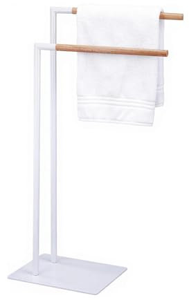 Amig – Porta asciugamani da terra bianco con barre in legno – Supporto doppio per asciugamani da bagno – Stile minimalista con base metallica stabile – Senza fori