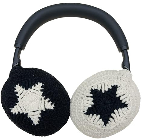 Handmade Crochet Black and White Star Headphone Cover – Compatible with Sony xm4, Protective Case for Music Lovers