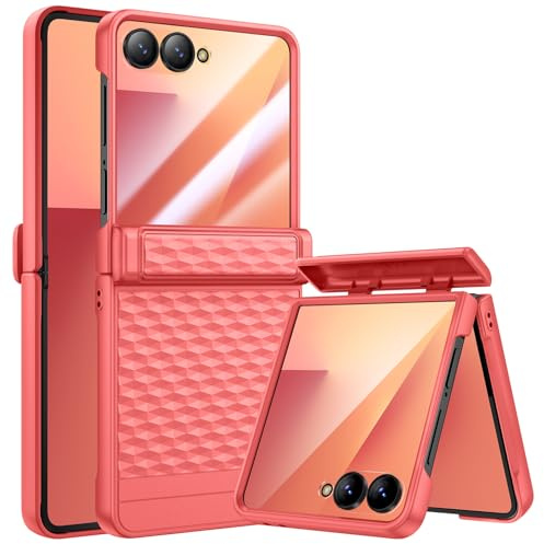 HWeggo for Samsung Z Flip 7 Case [Not for Flip 7FE] with Built-in Tempered Glass Screen Protector& Hinge Protection,Slim Fit Non-Slip Stylish Texture Shockproof Rugged Phone Protective Cover,Coral Red