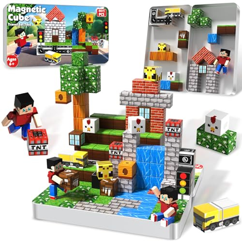 Annexfun Bloques Magneticos Construccion Niños 44 Piezas + 1 Figura en Caja Metálica Portátil - Juego de Construcción de Cabaña, Juguete Educativo Stem con Magnetic Blocks para Niños 3+ Años
