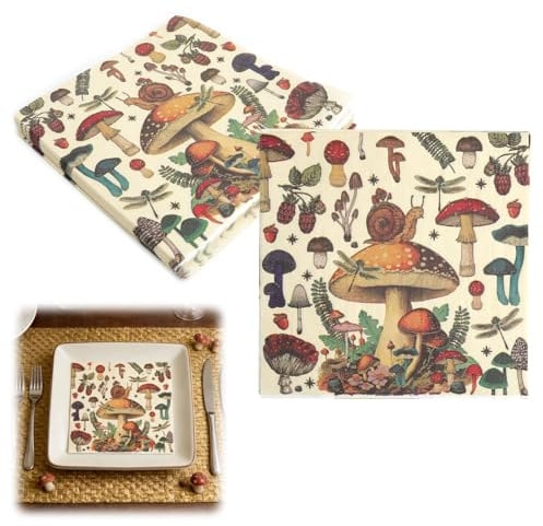 TMZELOA 20 Stück Pilz Papierservietten 33x33, Vintage Wald Design Servietten Motive für Herbstliche Cocktail Servietten-Deko, Natur Stil Tischdeko Papierhandtücher für Kaffee, Party & Herbst Feier