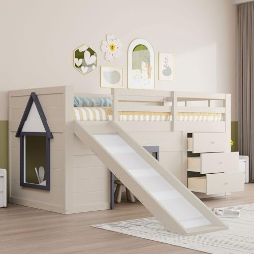 Hochbett 90x200cm Creme mit Rutsche & Schubladen Stauraumbett Kiefer Massiv Halbhoch Schrank Systembett Einzelbett für kleine Räume (ohne Matratze)